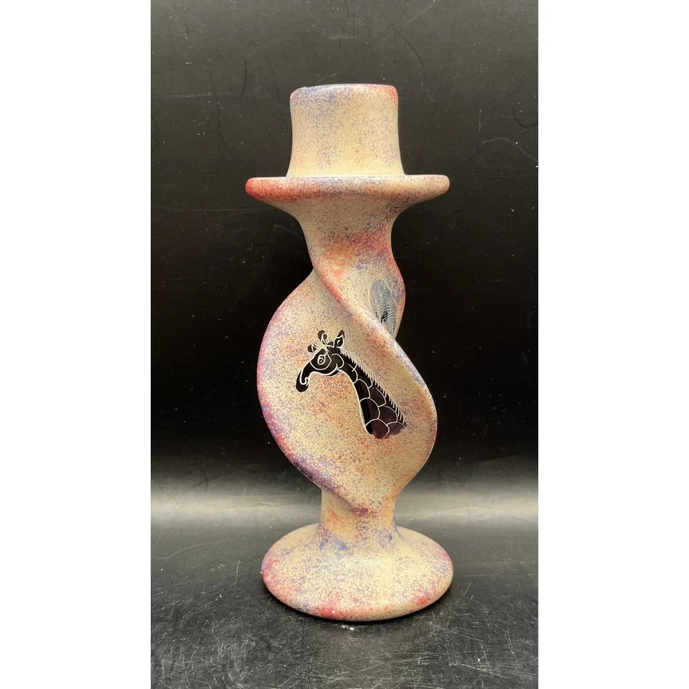 Unique Carved Soapstone Twisted Giraffe Candlestick Holder Decorative Signed 6